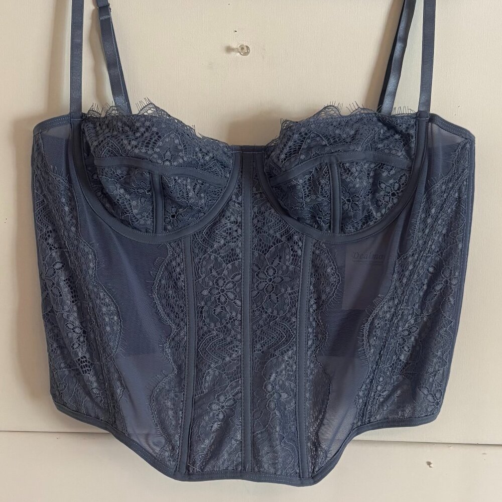 Y2K Vtg Dealmore Dusty Blue Lace/Mesh Slim Fit Bustier Corset Top Sz XL NWT